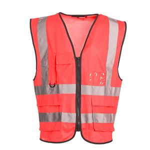 Chaleco de Seguridad Reflectante Rojo de Alta Visibilidad, Unisex, Ropa de Trabajo de Poliéster con Bolsillos y Cierre de Cremallera - Product Image 1