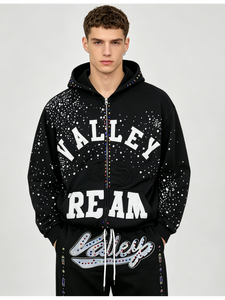 Sweat-shirt à capuche zippé noir pour homme Valley Dream en molleton French Terry coupe-vent avec motif à pois en strass, style streetwear oversize pour l'automne - Product Image 2
