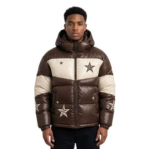 Custom Brown Cream Star Graphic 100% Polyester Puffer <b>Jackets</b> Contrast Panel Hooded Design <b>Mens</b> Streetwear <b>Jacket</b> - Product Image 1