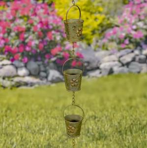 Chaîne de pluie vintage en forme de seau, finition verte et dorée, pour jardin zen, fonction sonore relaxante de l'eau, chaîne de pluie extérieure - Product Image 3