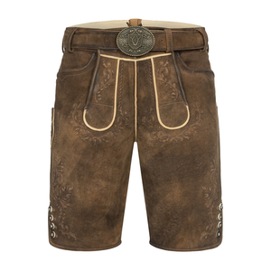 <b>Men</b> Traditional Lederhosen <b>Shorts</b> <b>Brown</b> Leather Embroidered High Waist Vintage Style Belt Decorative Buttons Trachten Wear - Product Image 1