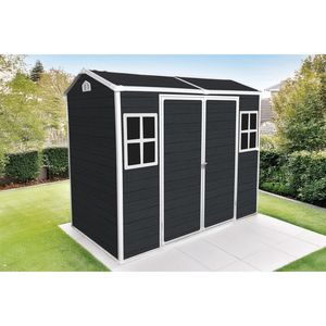 Casetta da Giardino in Resina 8x4ft con Porta Lucchettabile e 2 Finestre, Ripostiglio Esterno in Plastica per Attrezzi, Pavimento in Resina per Stoccaggio - Product Image 1