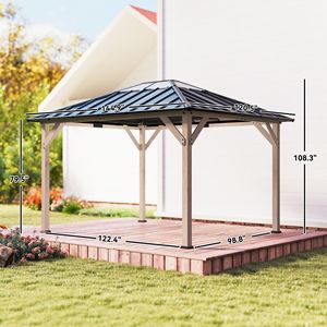 Gazebo con Tetto Rigido in Noce Chiaro 10x12, UPF50+, Padiglione Permanente in Legno, Tetto in Acciaio Zincato, Pergola con Tetto Trasparente - Product Image 3