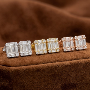 Boucles d'oreilles clous classiques en or blanc 18 carats massif, serties de diamants naturels taille baguette et taille ronde, mosaïque, bijoux fins pour hommes - Product Image 3