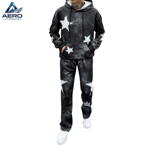 ชุดเซ็ตเสื้อฮู้ดดี้พิมพ์ลายดาวสีขาวสไตล์สตรีทแวร์สีดำแบบ Tie Dye Acid Wash พร้อมกางเกงขายาวทรงตรง 2 ชิ้น - Product Image 1