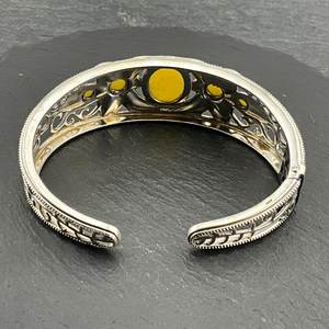 Bracelet manchette articulé floral en argent sterling massif, orné de quartzite jaune jade vintage, bijou artisanal en pierres précieuses - Product Image 6