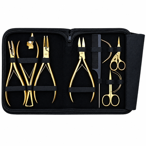 Kit de pinces pour extensions capillaires de 7 pouces, 4 pinces dorées pour micro-perles, outil de sertissage, outil de retrait de bandes adhésives courbé et polyvalent, aiguilles en C pour extensions cousues, ciseaux - Product Image 1