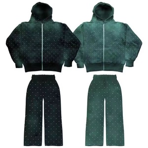 Ensemble de survêtement à capuche avec fermeture éclair, veste et pantalon à imprimé pois, tenue décontractée 2 pièces, noir et violet - Product Image 4