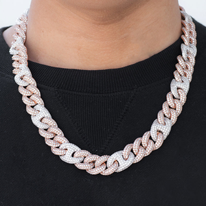 Classic Lab Grown Diamond Cuban <b>Chain</b> Two Tone Rose Gold and Silver <b>Iced</b> <b>Out</b> Unisex Hip Hop Jewelry - Product Image 1