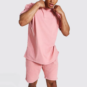 Ensemble T-shirt et short pour homme en tissu éponge respirant à séchage rapide, coupe décontractée et oversize, 100% coton rose, idéal pour la gym et l'été - Product Image 3