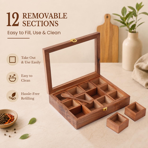Boîte à épices en bois avec 12 compartiments amovibles, couvercle en verre, Masala Dabba, organisateur de rangement pour épices de cuisine, Masala Dani en bois, saison des épices - Product Image 2