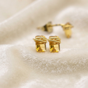 Ratnarachit Handmade Wire Wrapped Citrine <b>Stud</b> <b>Earrings</b> 14K Gold Plated Brass Baguette Cut Minimalist Women's Gift Claw Setting - Product Image 1