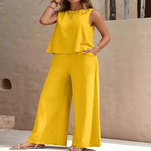 Ensemble 2 pièces décontracté pour femme, style vacances, été, pantalon ample taille haute avec motif décoratif, haut court en crêpe - Product Image 3