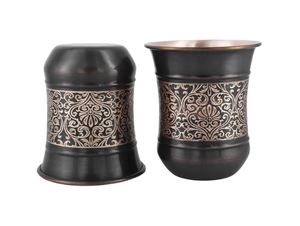 Puer Copper Double Wall Tumbler Set of 2 Handle <b>Straw</b> 250ml Capacity Floral Pattern Curved Design for Ayurveda Health Benefits - Product Image 2