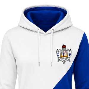 Sudadera con Capucha Personalizada para Mujer, Color Blanco y Azul Rey, con 2 Paneles Cruzados, Manga Larga, Bloques de Color, Informal, Deportiva, de Felpa - Product Image 4