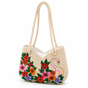 Sac à bandoulière en paille style bohème personnalisable, motifs floraux peints à la main, flamants roses, longues poignées tressées pour femmes, vente en gros - Product Image 1