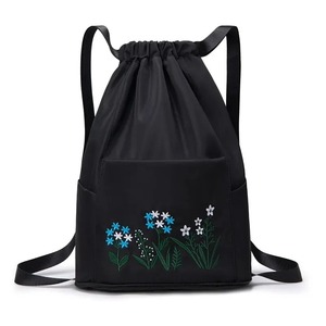 Floral Embroidered Drawstring <b>Backpack</b> Unisex Casual Gym Bag Lightweight Polyester 20L Capacity Adjustable <b>Straps</b> - Product Image 1