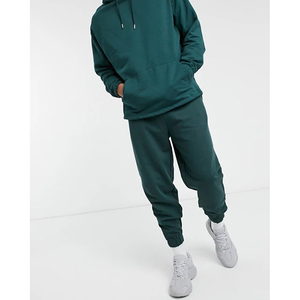 Survêtement unisexe vert uni à capuche, pantalon de jogging en coton long avec poches latérales, taille élastique, tenue décontractée pour l'automne - Product Image 1