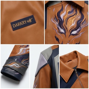 Blouson de motard asymétrique en cuir marron clair à col large, motif flamme brodé, color block, vêtement d'extérieur moto pour homme - Product Image 6
