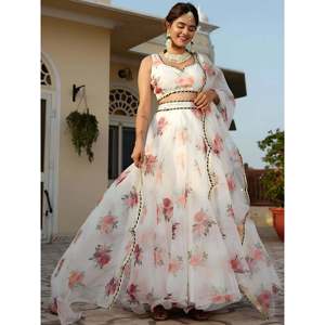 Lehenga Choli en organza blanc magnétique à imprimé floral pour femmes - Product Image 3