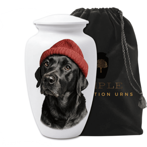 Urne funéraire pour chien noir, artisanale en aluminium, avec portrait artistique du chien, 220 pouces cubes, design écologique - Product Image 1