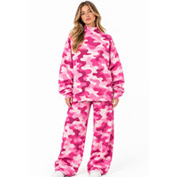 Ensemble 2 pièces en polaire camouflage rose pour femme, manches longues, coupe ample, vêtements décontractés pour toutes les saisons, sweat-shirt et pantalon tricotés