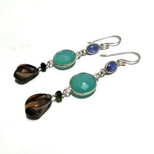 Pendientes Colgantes Ovalados de Piedra Natural Calcedonia Acuática, Cuarzo Ahumado y Tanzanita, Plata de Ley 925, Hechos a Mano, Unisex, Venta al Por Mayor - Product Image 1