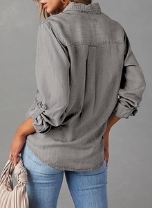Women's Gray Cotton Button Up Shirt Three Quarter Sleeve Turn-<b>down</b> Collar Loose Fit Solid Color Breathable Shirts - Product Image 4