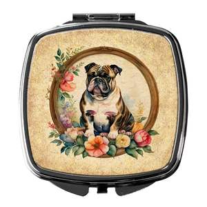 Espejo de maquillaje de viaje con flores de Bulldog inglés compacto para mujer, regalo de bolsillo plegable de mano para niñas - Product Image 1