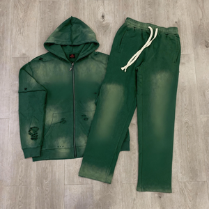 New Burgundy Loose <b>Acid</b> <b>Wash</b> Distressed Zip Up Hoodie and Sweatpants Tracksuit Set Streetwear - Product Image 4