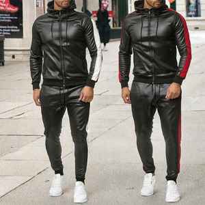 Conjunto de dos piezas personalizado de talla grande: Chaqueta cortavientos de cuero con cremallera y chándal estilo urbano para motocicleta al aire libre, cortavientos con capucha - Product Image 2