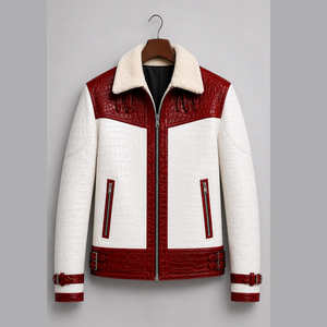 Chaqueta de Cuero para Hombre con Estampado de Cocodrilo, Chaqueta de Cuero con Cuello de Piel Sintética para Motociclistas - Product Image 4