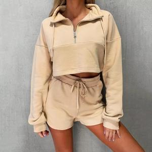 High Quality Wholesale New Design Custom Logo Casual Plain Full Zip Cotton Fleece Quick Dry Women's 2 Piece Shorts <b>Set</b> - Product Image 4