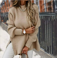 Sweter Rajut Wanita Kerah Setengah Tinggi Lengan Panjang Tebal Model Sambung Warna Solid Kasual Belahan Samping Pullover Kantor Wanita Elegan