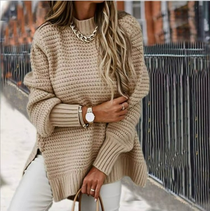 Knit Sweaters Women Half High Collar Full <b>Sleeve</b> Thick Splice <b>Jumpers</b> Solid Casual Split Pullovers Office Lady Elegant - Product Image 4