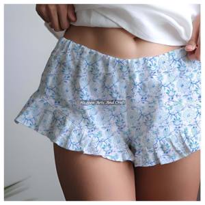 Shorts à volants imprimés fleuris en coton pur, faits à la main, imprimés à la main, pour la nuit et l'été - Product Image 5