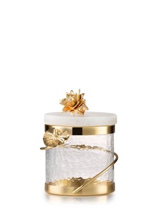 Cylinder <b>Glass</b> Metal Food Storage <b>Container</b> Marble Flip Top Lid Gold Branch Design Airtight Kitchen Jar Minimalist Style - Product Image 3