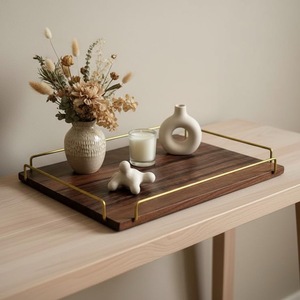 Luxury Acacia Wood Modern Eco-friendly Serving Tray with Gold Metal Handles Rectangular Ottoman Coffee <b>Table</b> Home Decor - Product Image 6