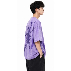 T-shirt vintage oversize 100 % coton pour homme, délavé effet soleil, tricoté, imprimé numérique basketball, 320g, streetwear décontracté de haute qualité - Product Image 5