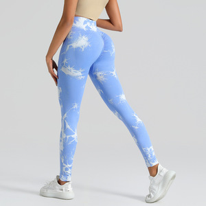 Leggings de cintura alta para mujer, color azul y blanco con estampado de salpicaduras, efecto push-up, largos, deportivos - Product Image 1