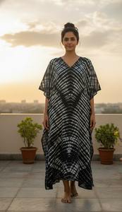 Robe longue kaftan pour femme 100 % coton écologique, ourlet droit, col en V, faite à la main, coupe ample, respirante, lavable, pour l'extérieur, offre ODM - Product Image 6