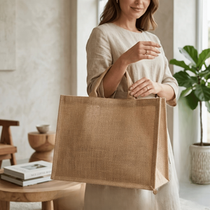 Sac fourre-tout en jute réutilisable écologique avec logo personnalisé, couleur naturelle, toile de jute unie |   Sacs de courses promotionnels en gros - Product Image 4