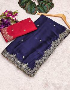 Atractivo Sari Negro Rangoli de Chiffon con Bordado y Blusa Sin Coser Azul Marino 76517 - Product Image 1