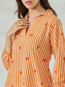 Orange Striped Heart Digital Print Cotton Quick Dry Traditional <b>Kurta</b> Set <b>Women</b> Regular Fit Knee-Length Casual Wear India - Product Image 5