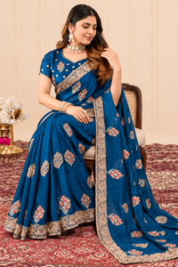 Vexotrend India Pakistan Premium <b>Velvet</b> Satin Traditional Customization <b>Saree</b> Women Embroidery Swarovski Jarkan Wrinkle-Free - Product Image 5
