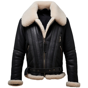 Chaqueta de Motociclista de Cuero Genuino para Hombre, Cuello Alto, Cierre de Cremallera, Color Negro Sólido, Corte Regular, Forro de Piel Sintética, Resistente al Viento, para Invierno - Product Image 1