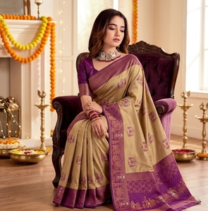 <b>Purple</b> Beige Silk <b>Saree</b> Traditional Print Sun Protection All Seasons Wedding Women's Floor-Length Regular Fit India Pakistan - Product Image 3