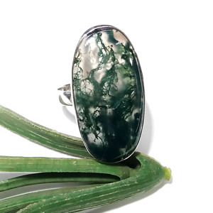 Natural Moss Agate Gemstone Ring <b>Solid</b> 925 Sterling <b>Silver</b> Ring Adjustable Oval Statement Ring for Women - Product Image 1