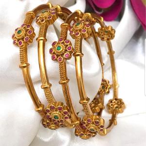 4-Piece Set of 24K Gold Plated Brass Bangles with Zircon and Pearl Charms - Product Image 1