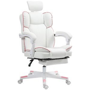 <b>White</b> PU Leather Executive <b>Desk</b> <b>Chair</b> Swivel Wheels Office <b>Chair</b> with Headrest and Foot Rest Reclining Computer <b>Chair</b> - Product Image 1